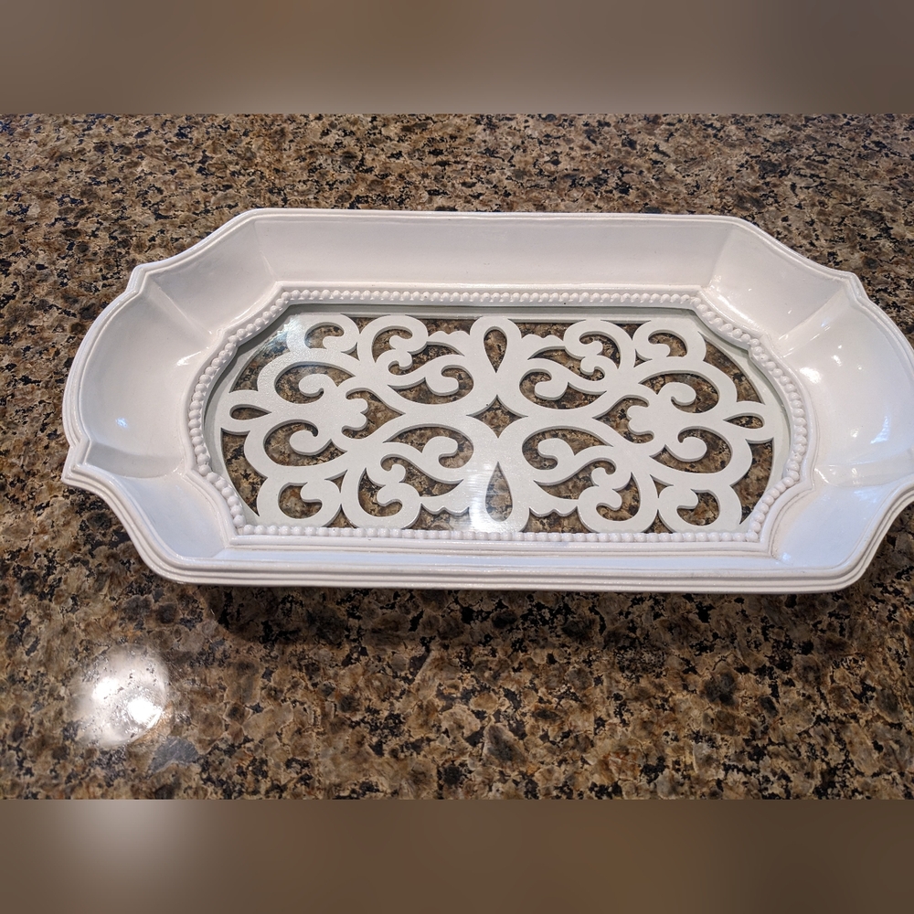 Wood Framed Glass Tray Scroll Cut Decor Multipurpose White Cottagecore Elegant